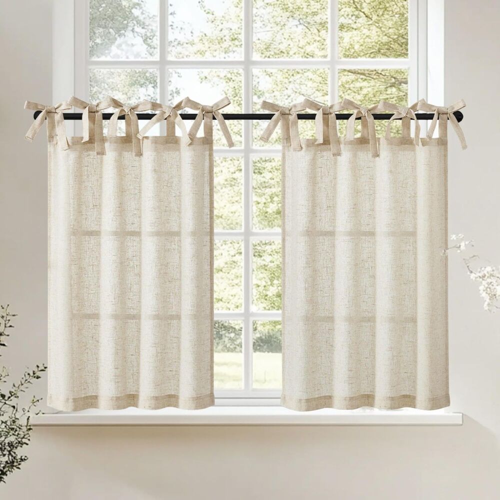 Set of 2 Curtain Panels, 26"W x 24"L, Tie Top Linen Kitchen Curtains